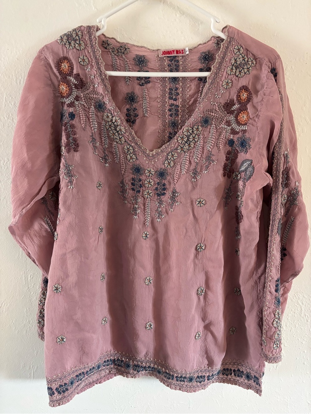 Johnny Was Dusty Rose Embroidered V-Neck Tunic Top